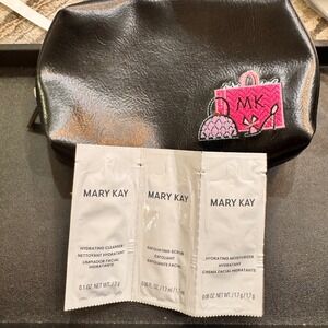 New Mary Kay Black‎ Faux Leather Zip Cosmetic Bag Makeup Pouch with MK Samples